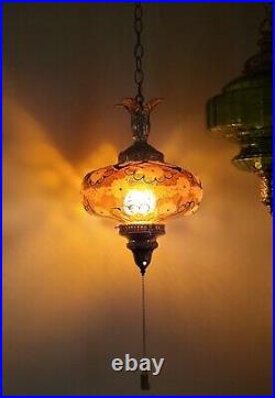 Embossed AMBER Glass Vintage Light Swag Hanging Lamp Retro Diffuser Pull-Chain