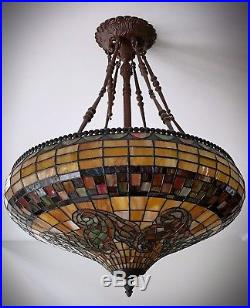 Exceptional Rare Large Vintage Beautiful Hanging Leaded Glass Lamp