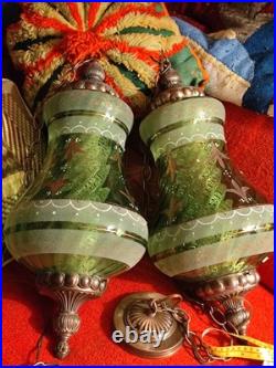 FALKENSTEIN PAIR Huge Vintage Regency Ornate Jeweled/Painted Glass SWAG Lamps