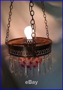 FENTON Coin Dot Cranberry Opalescent Library Hanging Lamp Vintage Chandelier EUC