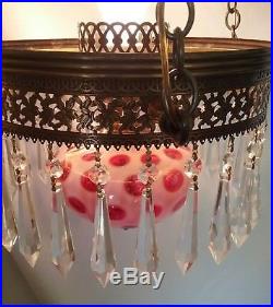 FENTON Coin Dot Cranberry Opalescent Library Hanging Lamp Vintage Chandelier EUC