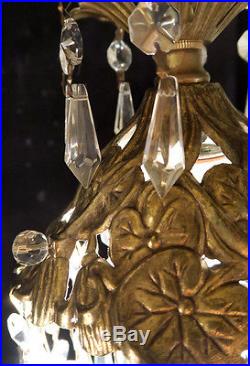 Filigree beaded powder Lamp hanging Spelter Pond Lily crystal chandelier Vintage