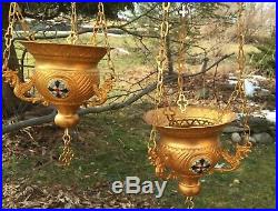 Fine Pair of Vintage Hanging Vigil Lamps Orthodox Lampada gold plated and enamel