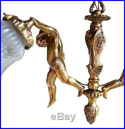 French Vintage Gilt Bronze Hanging Ceiling Lamp Putti Cherub Angel Tulip Light