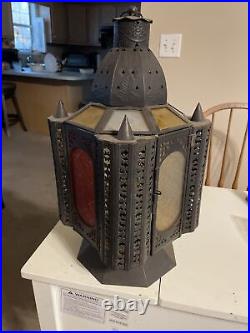 GORGEOUS STAIN GLASS ANTIQUE HANGING DOOR LANTERN WithCANDLE HOLDER INSIDE