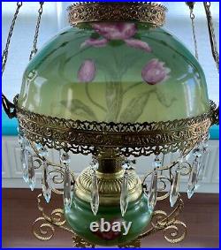 Gorgeous Antique GWTW Hanging Parlor / Library Oil Lamp Converted to Electric