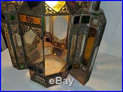 Gorgeous Antique Vtg Pierced Tin Stained Glass Moroccan Chandelier Hanging Light