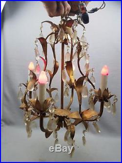 Gorgeous VTG Gilt Italian Tole Hanging 4 light Lamp Fixture Chandelier w Prisms