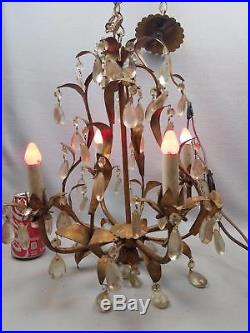 Gorgeous VTG Gilt Italian Tole Hanging 4 light Lamp Fixture Chandelier w Prisms