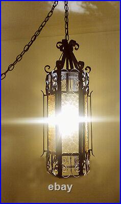 Gothic Spanish Revival Chandelier Swag MCM (Wrought Iron & Amber Crackle Glass)