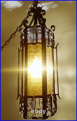 Gothic Spanish Revival Chandelier Swag MCM (Wrought Iron & Amber Crackle Glass)