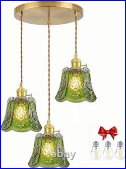 Green Embossed Floral Glass Pendant Light, Vintage Hanging Lamp with Adjustable