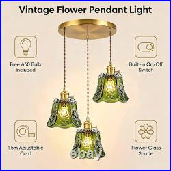Green Embossed Floral Glass Pendant Light, Vintage Hanging Lamp with Adjustable