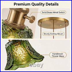 Green Embossed Floral Glass Pendant Light, Vintage Hanging Lamp with Adjustable