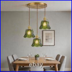Green Embossed Floral Glass Pendant Light, Vintage Hanging Lamp with Adjustable