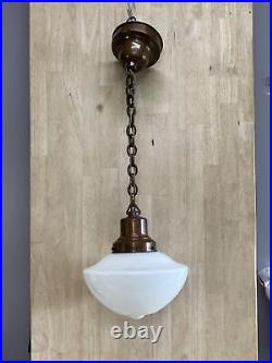 HANGING PENDANT LIGHT Antique Schoolhouse Glass Shade ALL BRASS CHAIN & FIXTURE