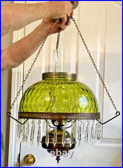 HUGE 14 Green Optic Glass Hanging Swag Hurricane Lamp Brass withCrystals MCM