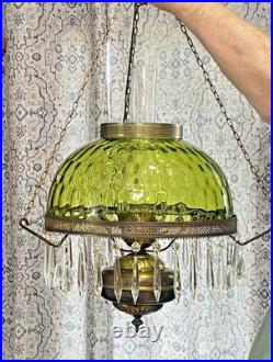 HUGE 14 Green Optic Glass Hanging Swag Hurricane Lamp Brass withCrystals MCM