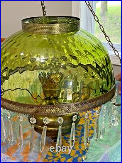 HUGE 14 Green Optic Glass Hanging Swag Hurricane Lamp Brass withCrystals MCM