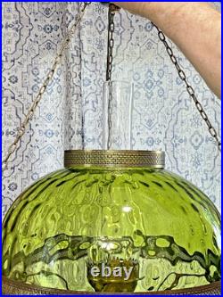 HUGE 14 Green Optic Glass Hanging Swag Hurricane Lamp Brass withCrystals MCM