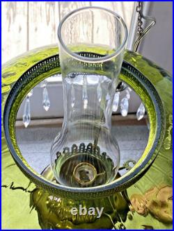 HUGE 14 Green Optic Glass Hanging Swag Hurricane Lamp Brass withCrystals MCM