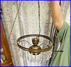 HUGE 14 Green Optic Glass Hanging Swag Hurricane Lamp Brass withCrystals MCM