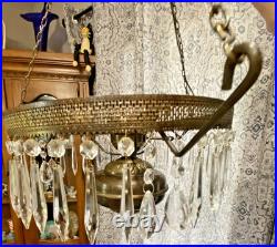 HUGE 14 Green Optic Glass Hanging Swag Hurricane Lamp Brass withCrystals MCM