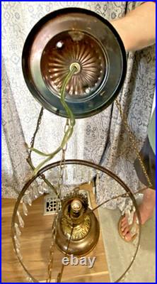 HUGE 14 Green Optic Glass Hanging Swag Hurricane Lamp Brass withCrystals MCM