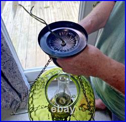HUGE 14 Green Optic Glass Hanging Swag Hurricane Lamp Brass withCrystals MCM