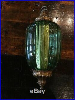 HUGE Vintage 21 Glass Green Hanging Swag Lamp Light Fixture 70s 1970s RARE