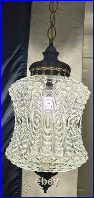 HUGE Vintage Mid Century Ribbed Glass/Brass Pendant Hanging Swag Lamp Tested