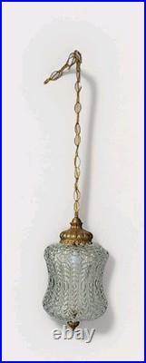 HUGE Vintage Mid Century Ribbed Glass/Brass Pendant Hanging Swag Lamp Tested