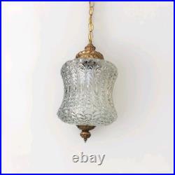 HUGE Vintage Mid Century Ribbed Glass/Brass Pendant Hanging Swag Lamp Tested