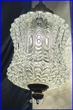 HUGE Vintage Mid Century Ribbed Glass/Brass Pendant Hanging Swag Lamp Tested