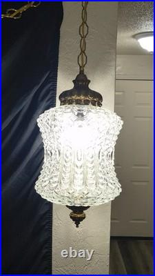 HUGE Vintage Mid Century Ribbed Glass/Brass Pendant Hanging Swag Lamp Tested