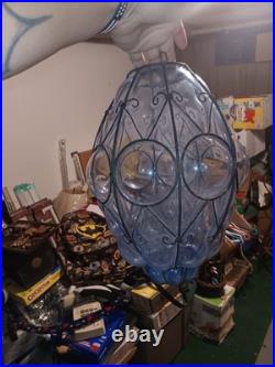 Handblown Seguso Murano Green Blue Caged Glass Hanging Light Fixture Vintage