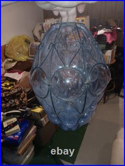 Handblown Seguso Murano Green Blue Caged Glass Hanging Light Fixture Vintage