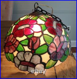 Handmade Vintage Stained Glass Hanging Lamp Large Floral Leaded Shade