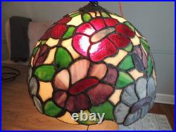Handmade Vintage Stained Glass Hanging Lamp Large Floral Leaded Shade