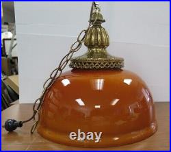 Hanging Lamp Caramel Glass Bowl Chain Pull Large Mid Century Vintage