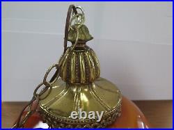 Hanging Lamp Caramel Glass Bowl Chain Pull Large Mid Century Vintage