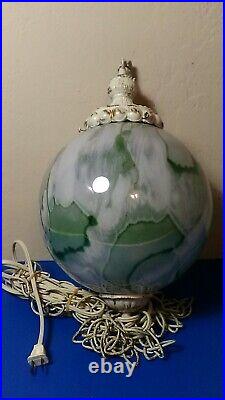 Hanging Lamp Swag Light Glass Globe Retro Pendant Vintage Green & White Swirl