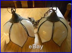 Hanging Lamps(2) Vintage Tiffany Tulip Style Swag Lamps Carmel Swag