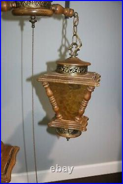 Hanging Swag Lamp Light Amber Two Tier 15 Lanterns Vintage Retro MID Century
