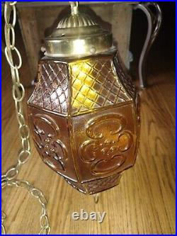 Hanging Swag Light Lamp Amber Glass Vintage MCM MID Century Hollywood Regency