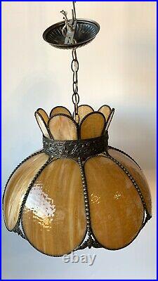 Hanging Vintage Ceiling Light Fixture Caramel Slag Glass Petal Swag Lamp 18