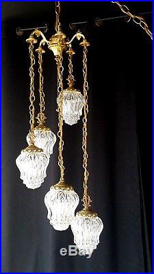 Hanging Vintage Swag Lamp Ceiling Light 5 Tier Glass Drops Mid Century