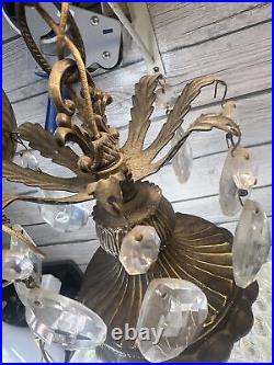 Hollywood Regency Gold & Cut Glass Pineapple Glass Swag Lamp Ceilings MCM Light