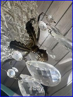 Hollywood Regency Gold & Cut Glass Pineapple Glass Swag Lamp Ceilings MCM Light