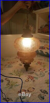 Hollywood Regency MCM Vintage Amber Crackle Glass Swag Hanging Lamp Fixture